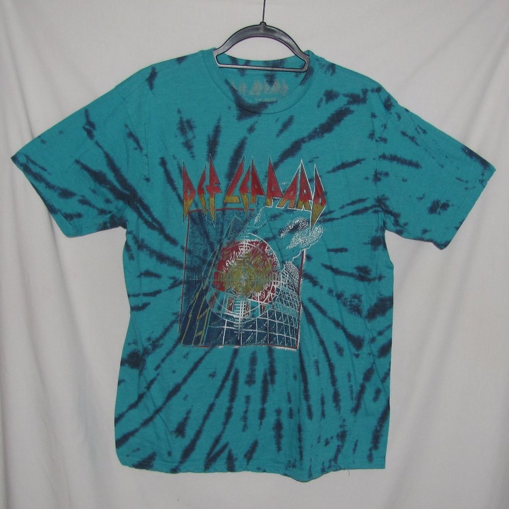 Mens' Def Leppard Black Teal Tie Dye Graphic Tee T-Shirt Size Large